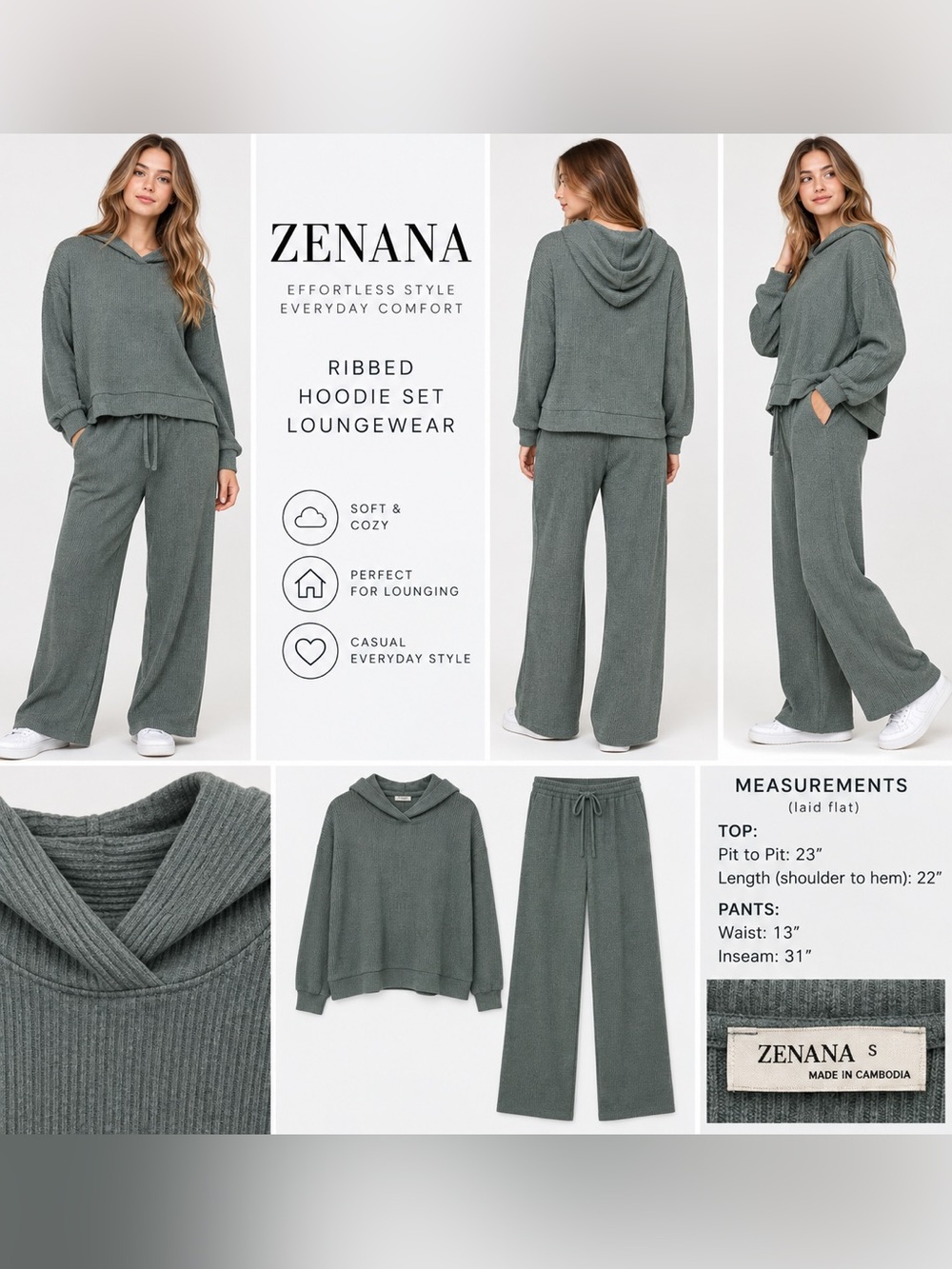 Zenana Sage Green Ribbed Hooded Top Wide Leg Pants Lounge Set S